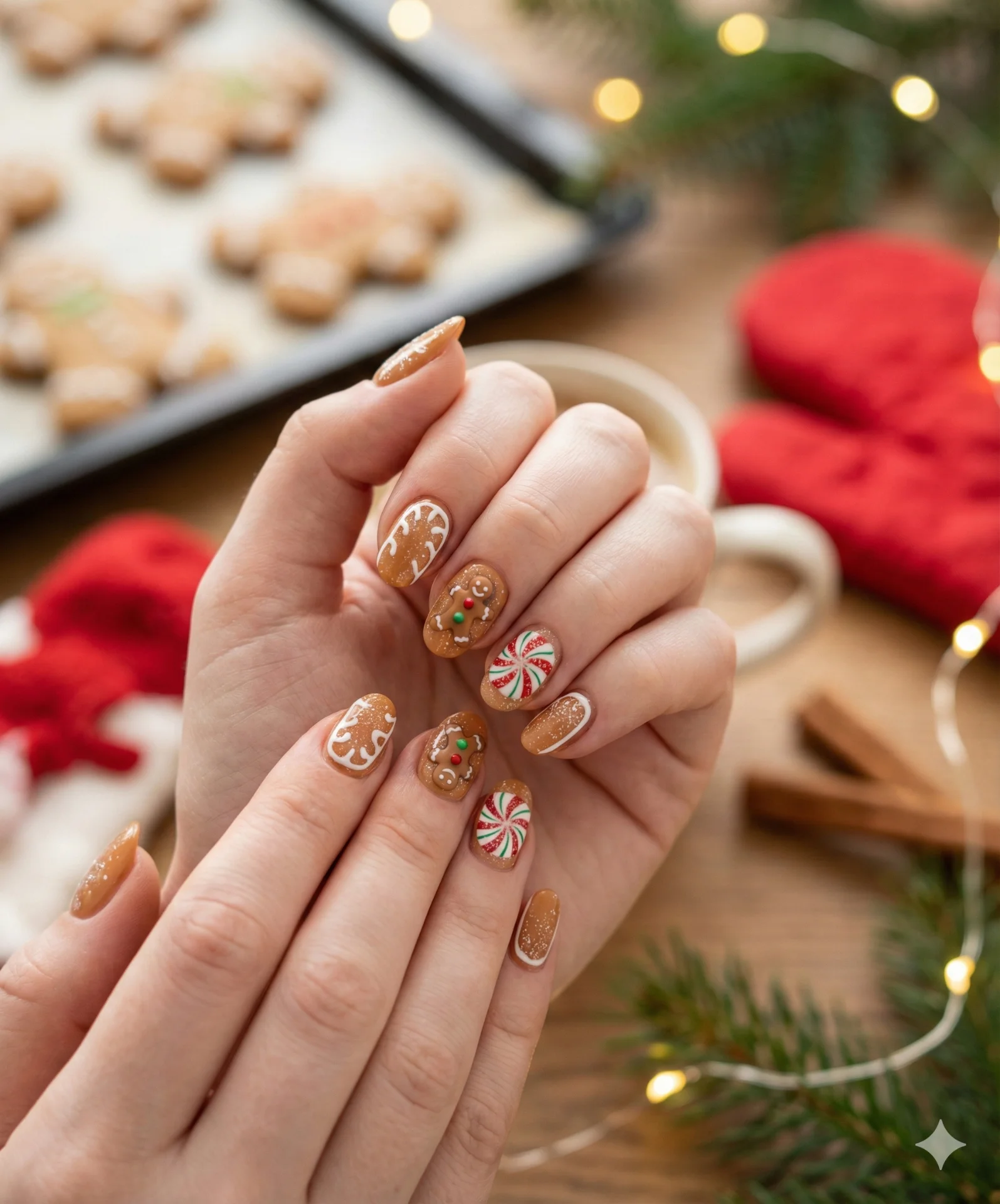 Gingerbread cozy Christmas nails designs