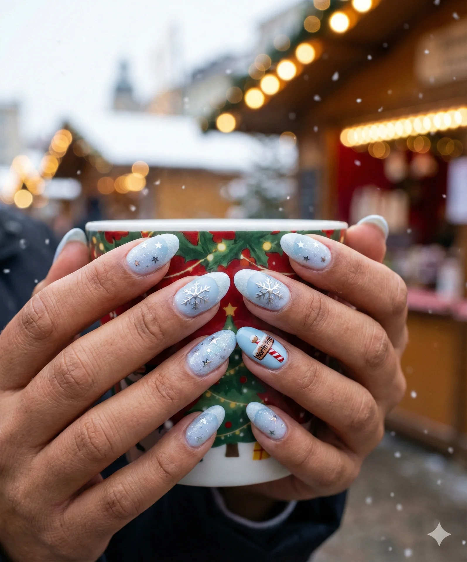 North pole sparkle magic nails designsCool icy blue tones and delicate winter accents give this manicure a magical North Pole charm. It feels whimsical yet simple enough for everyday Christmas styling