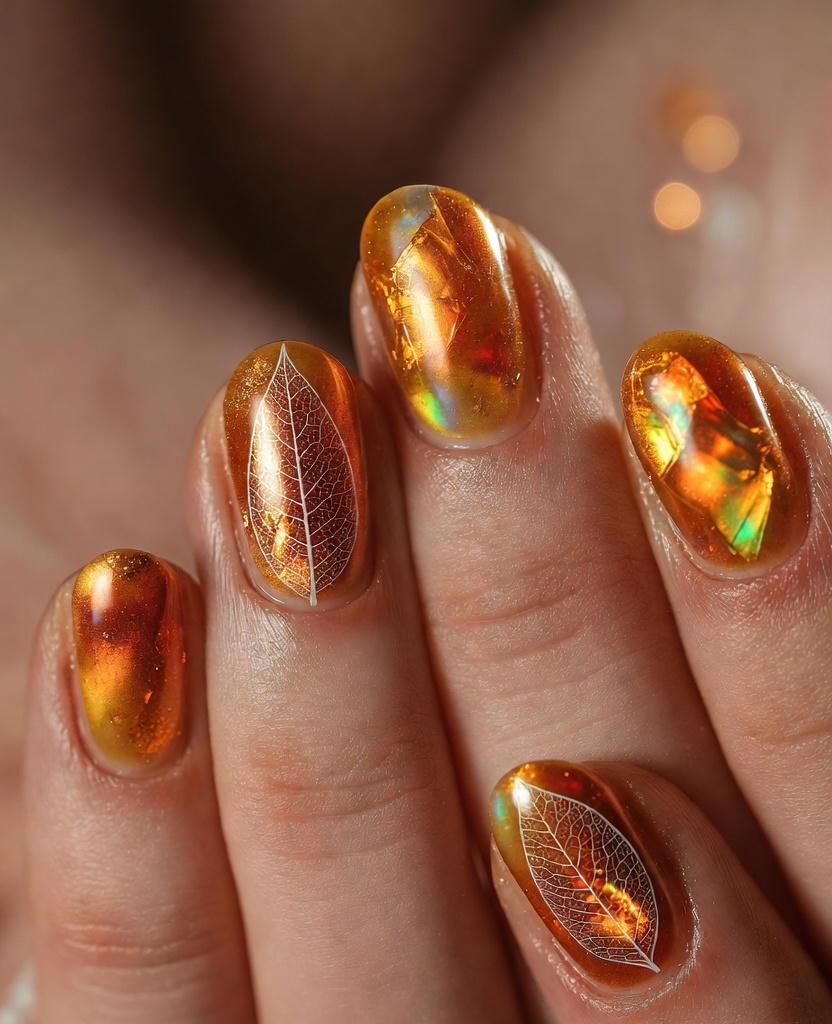 Amber Hologram Autumn Fall Nails Designs