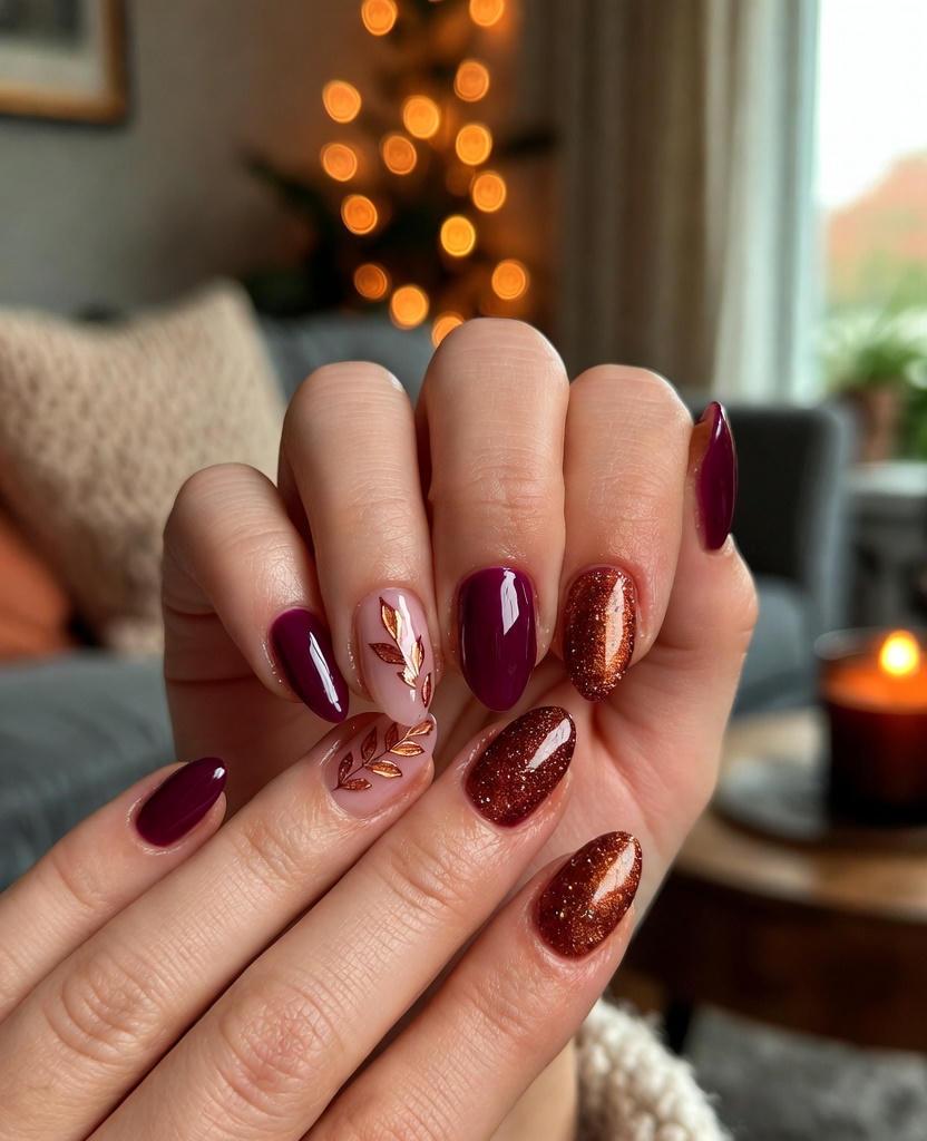 Bronze Berry Fall Glitter Nails Designs