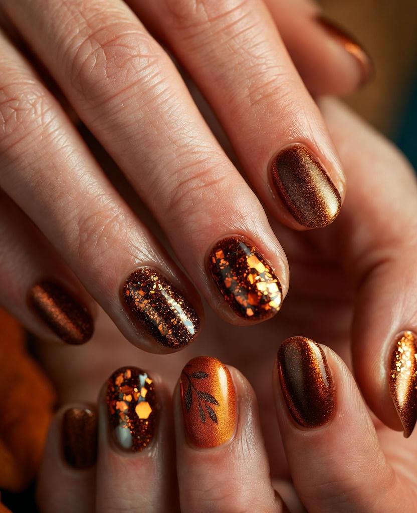 Bronze Fall Glitter Nails Designs