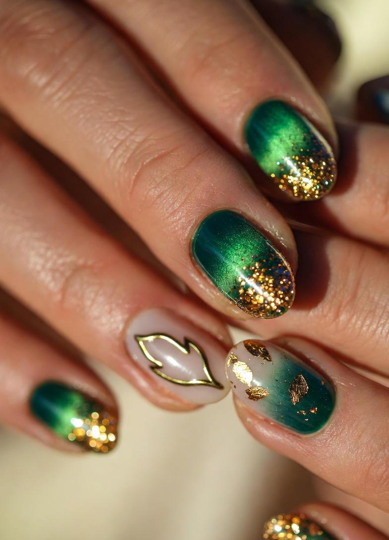 Emerald Leaf Fall Glitter Nails Designs