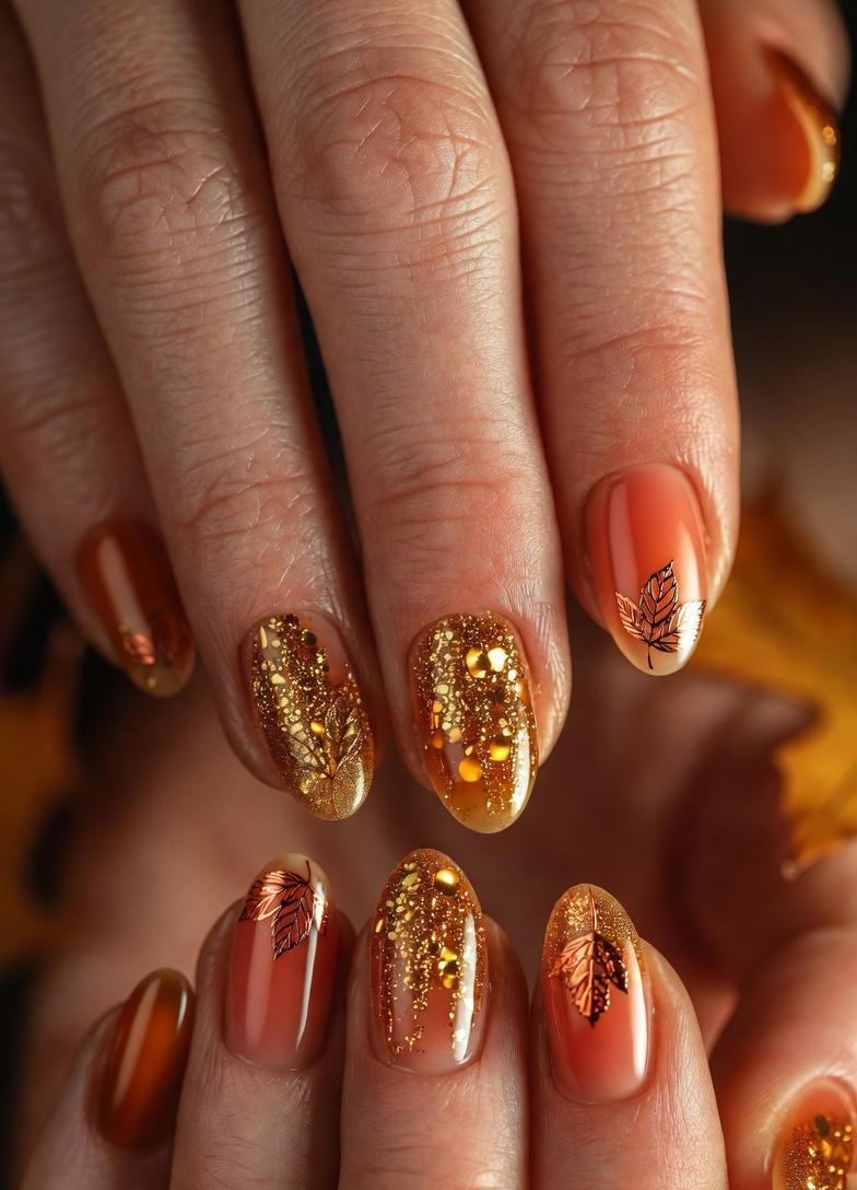 Sunset Golden Leaf Glitter Fall Nails