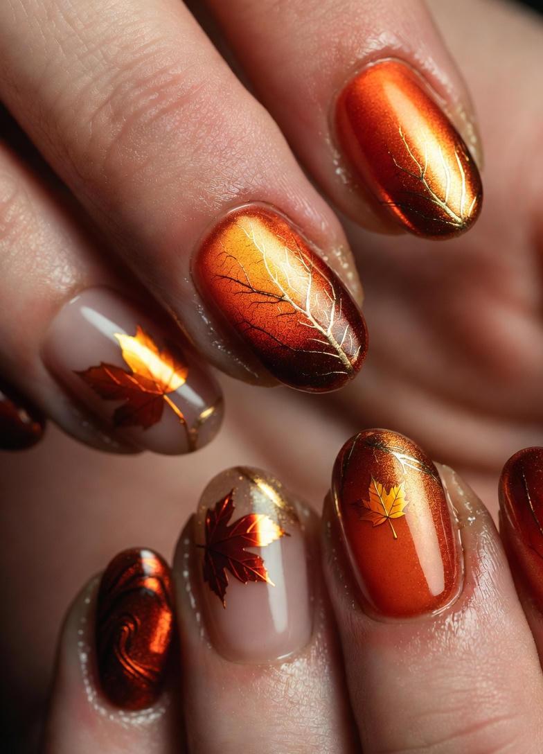 Sunset Metallic Maple Fall Nails Designs