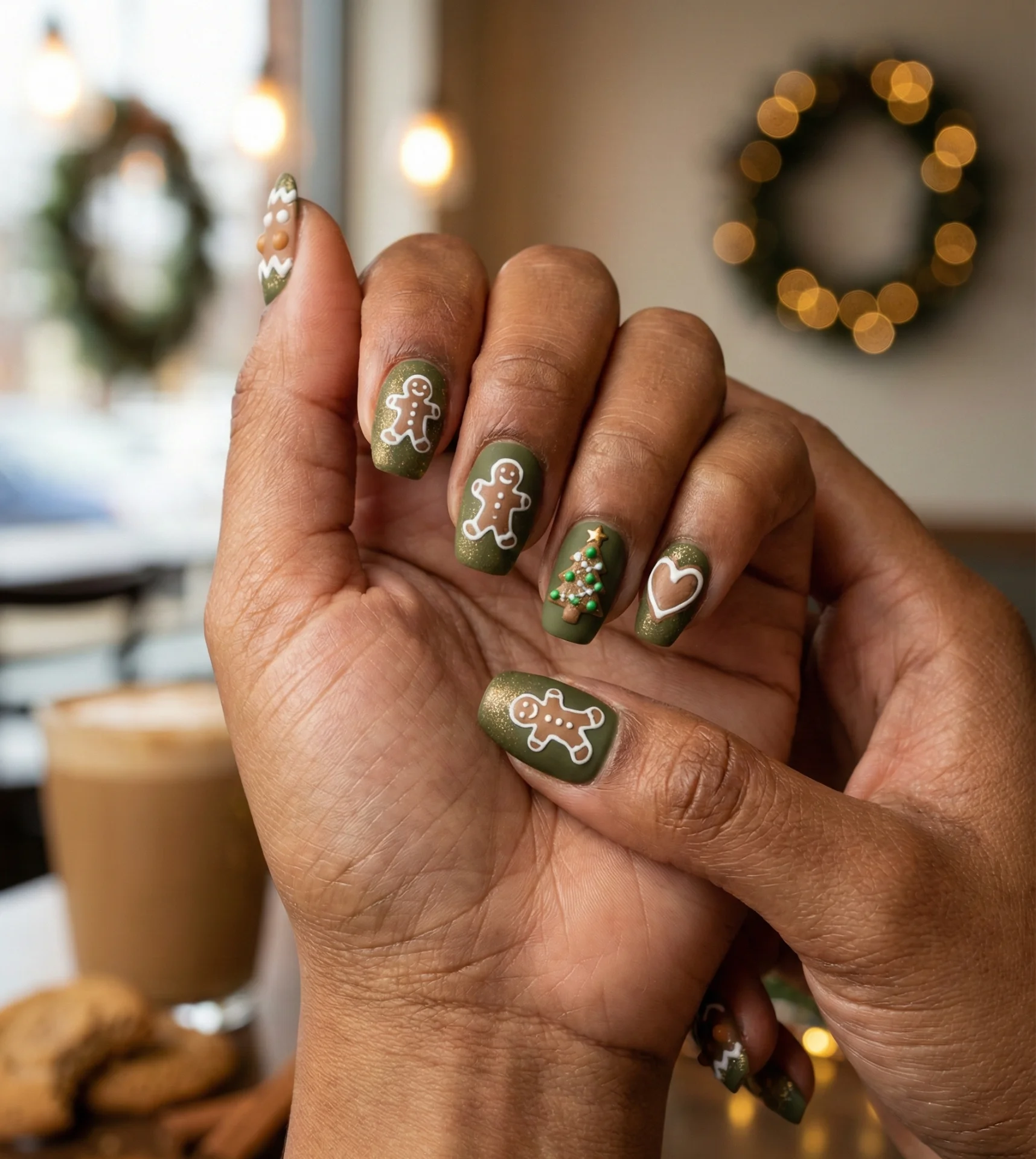 Cozy Cafe Gingerbread Green Nails Designs