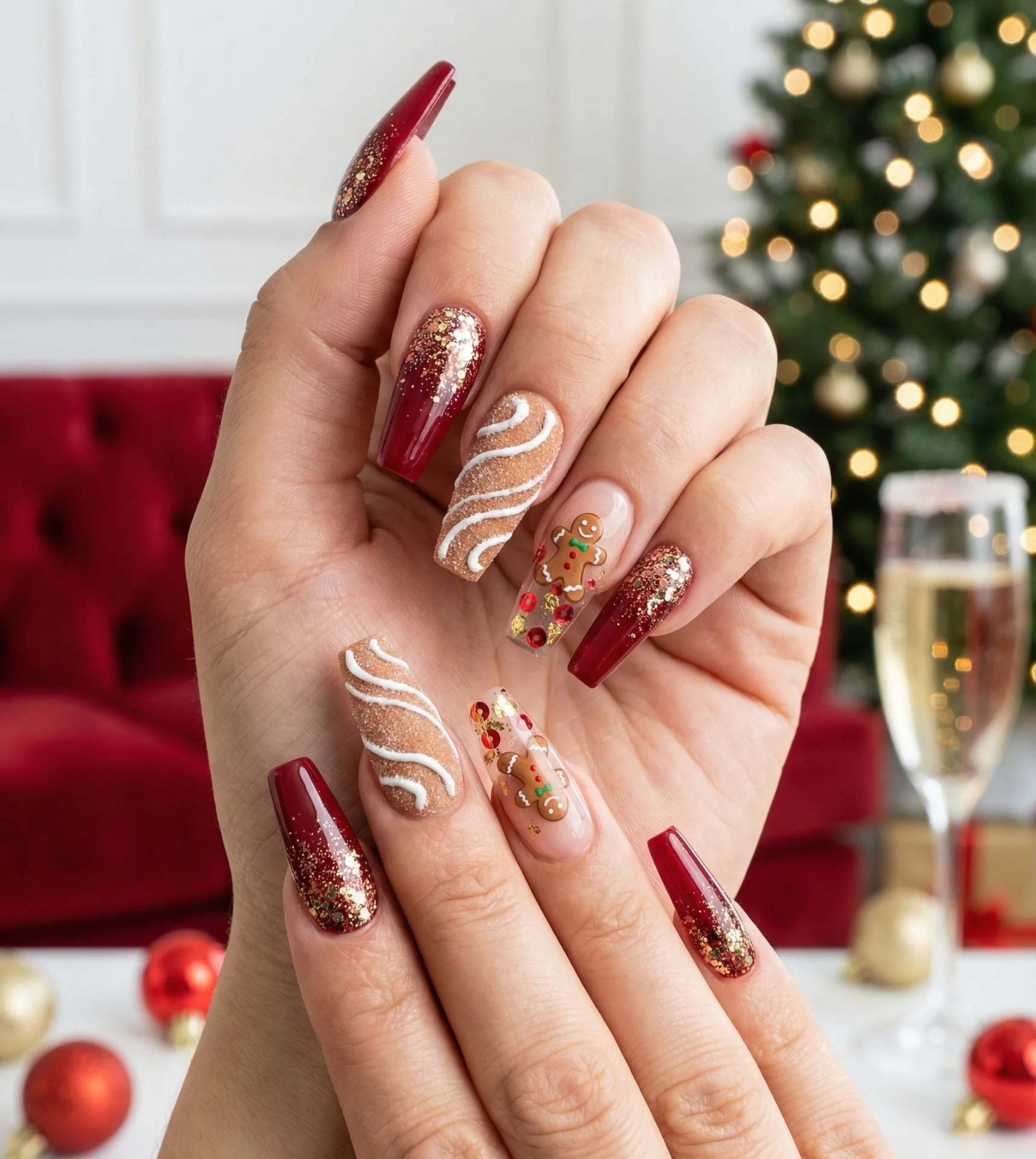 Crimson Gingerbread Sparkle Nail Design