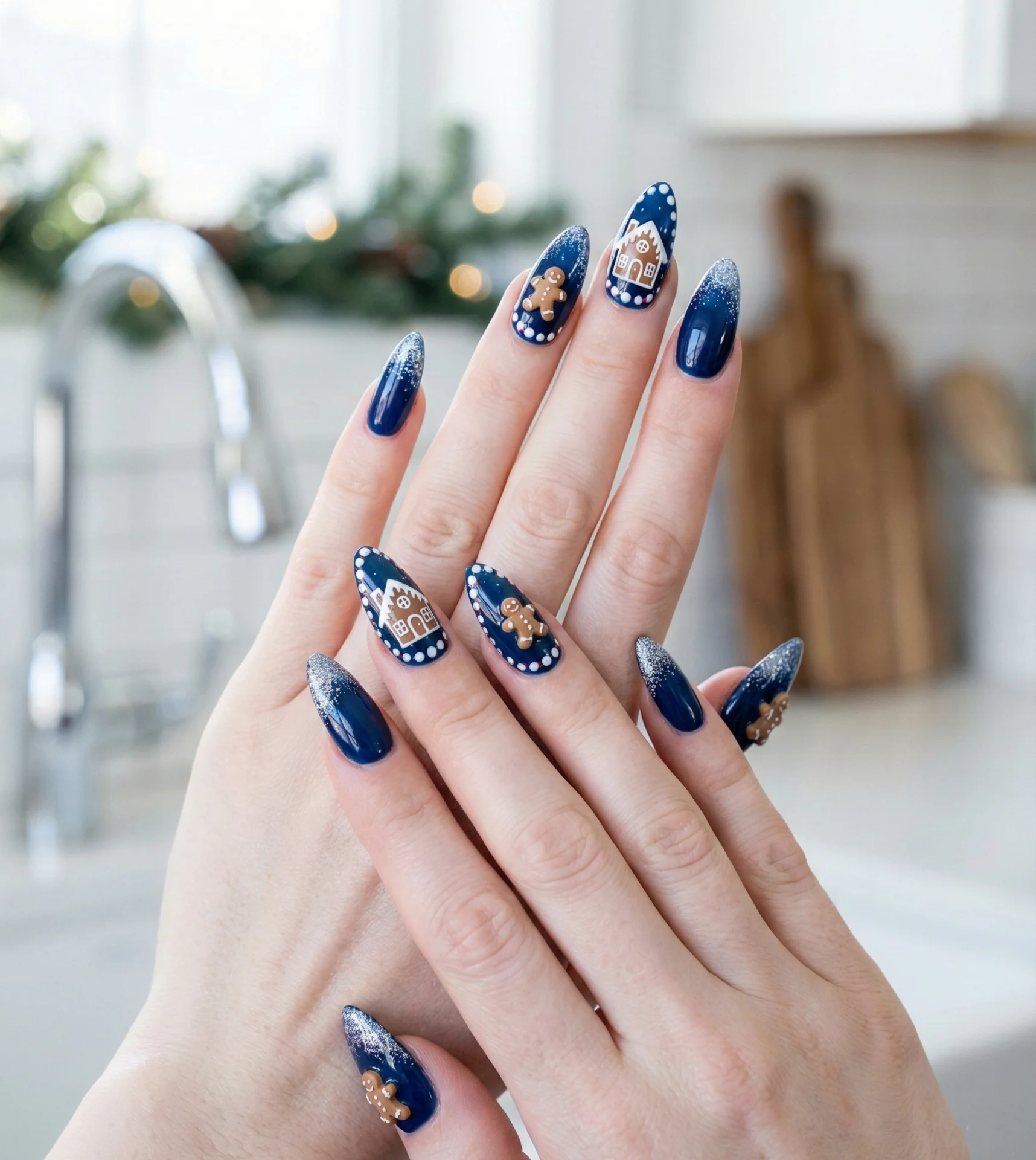 Dark Blue Gingerbread Winter Nails Designs