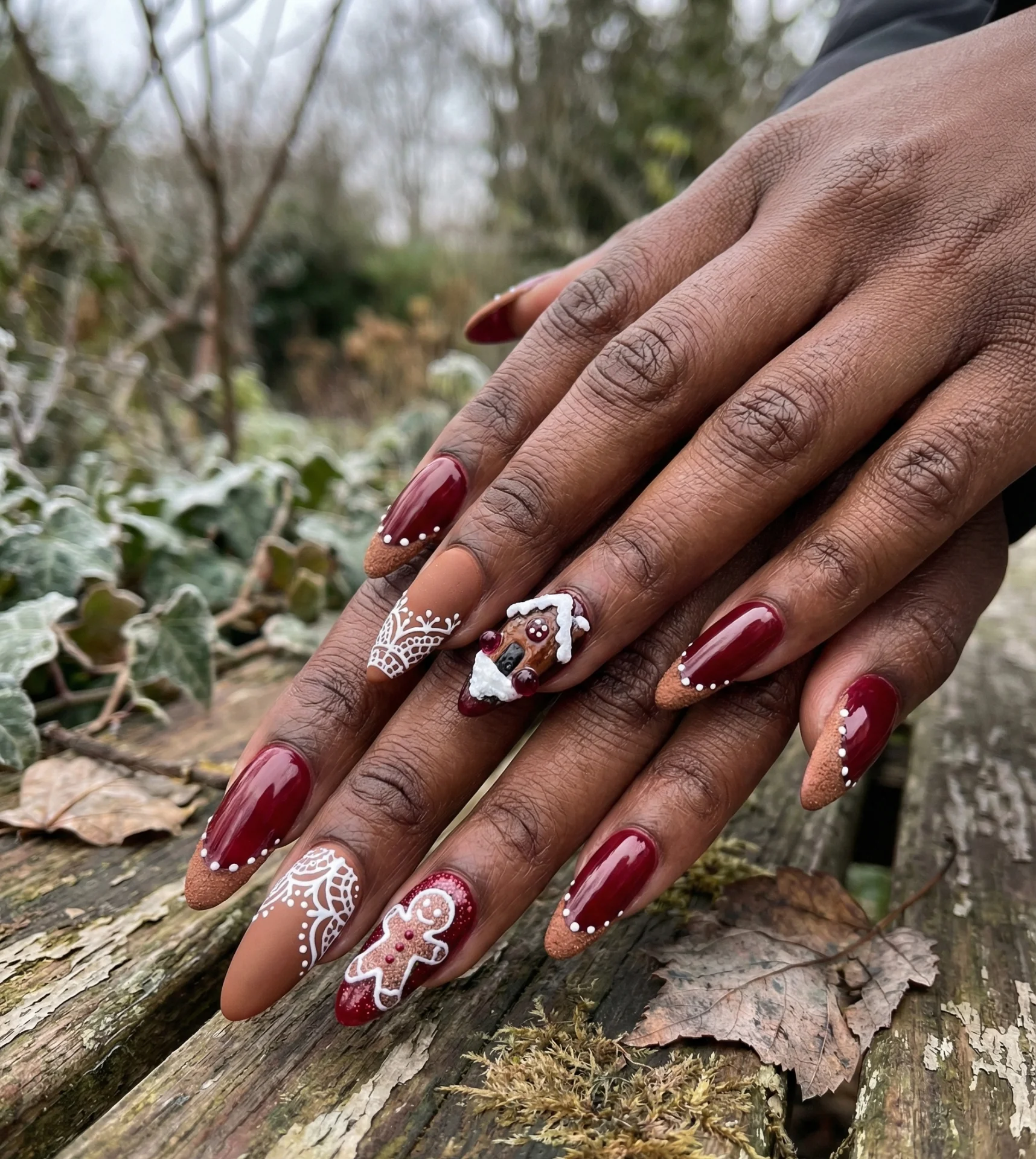 Dark Ruby Spice Garden Gingerbread Nail Design