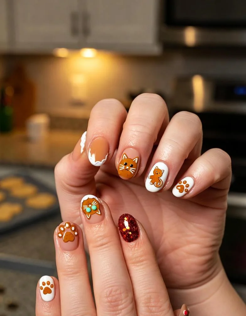 Gingerbread Cat Nails Designs