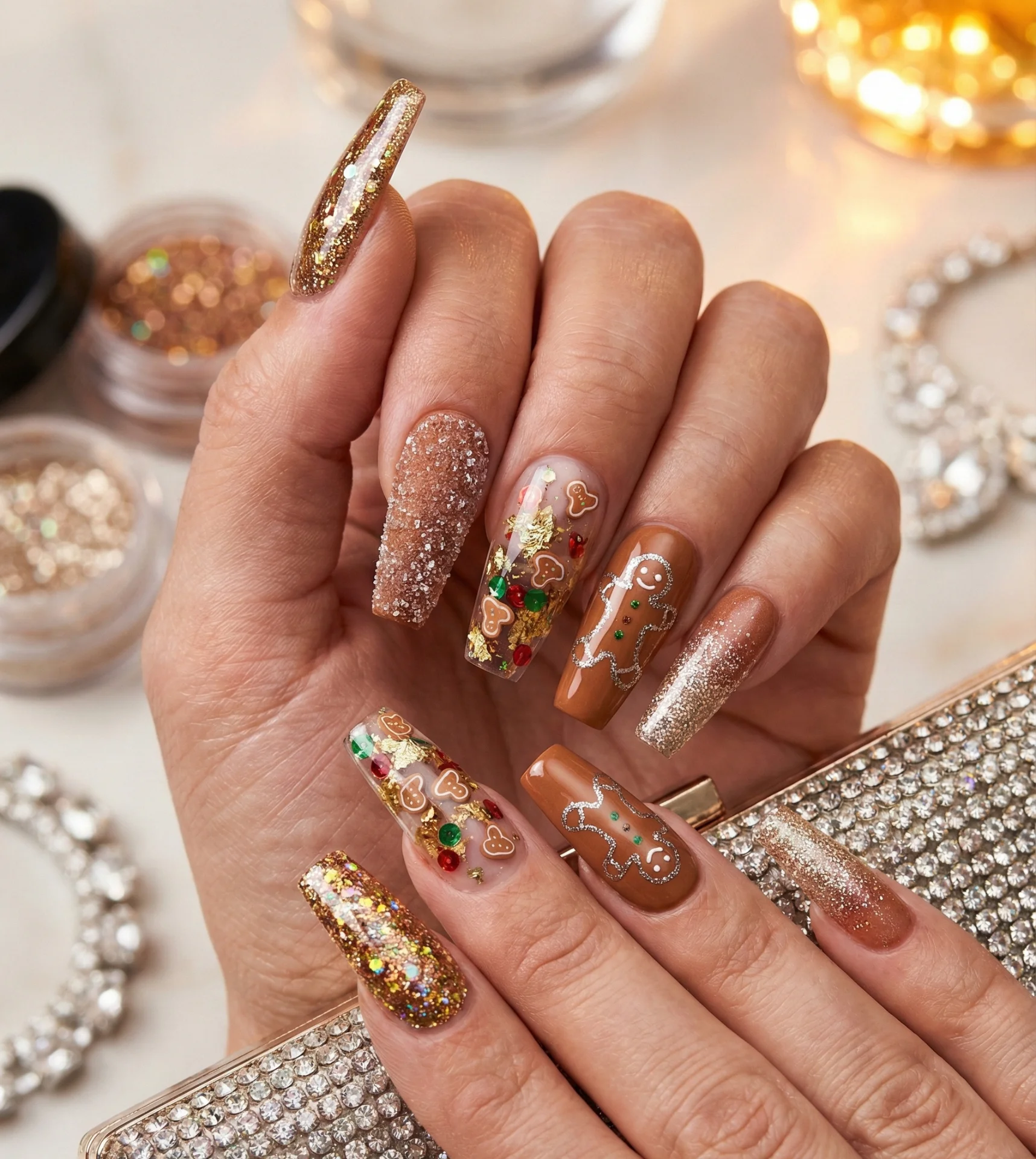 Glitterbomb Gingerbread Acrylics Nail Design