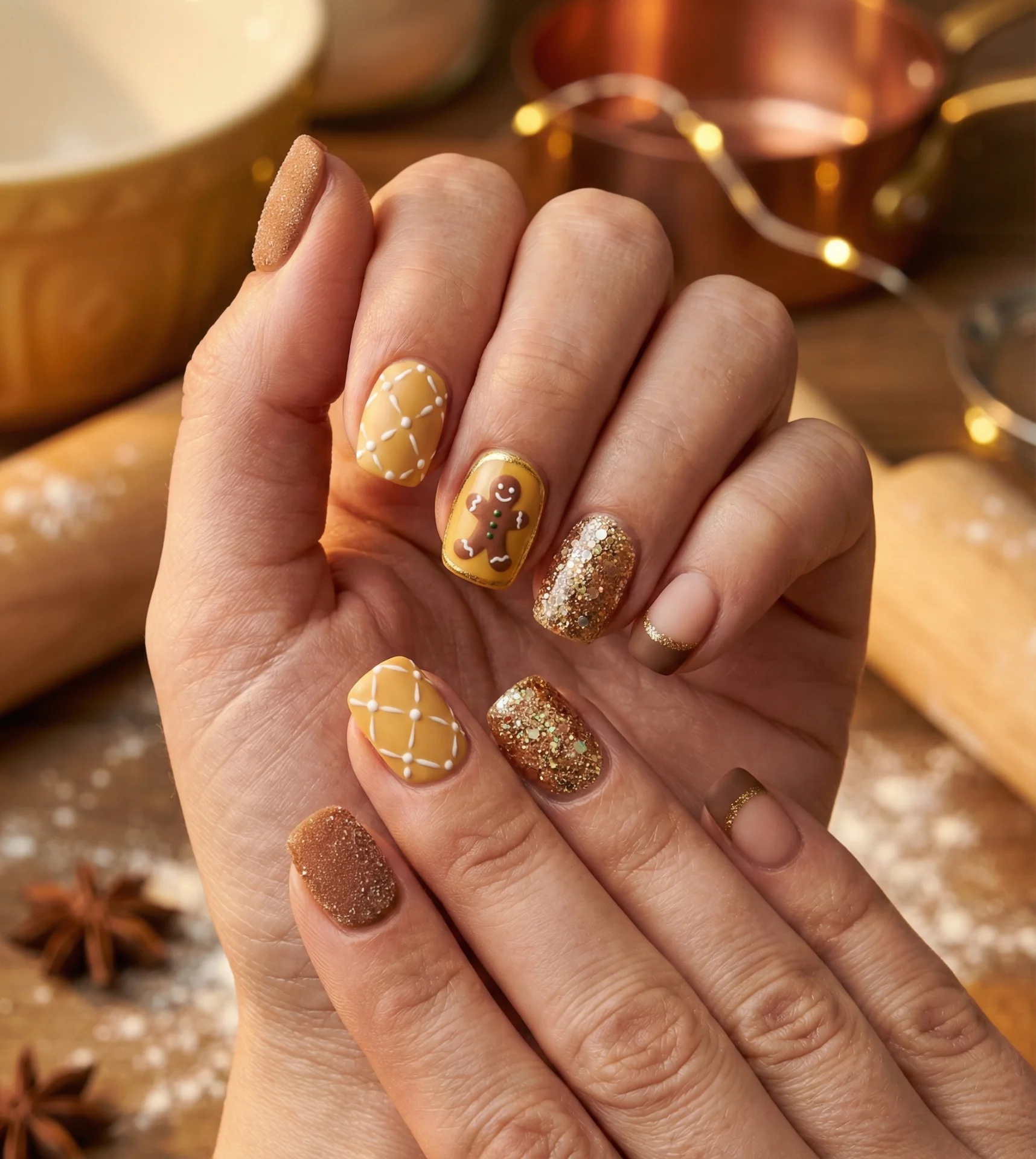 Golden Gingerbread Bites Nail Design