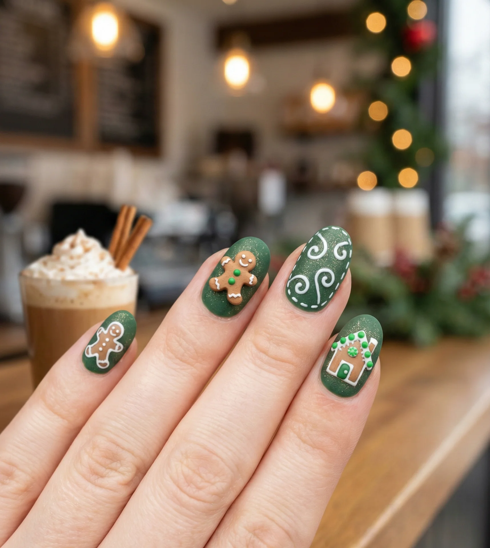 Green Gingerbread Holiday Nails Designs
