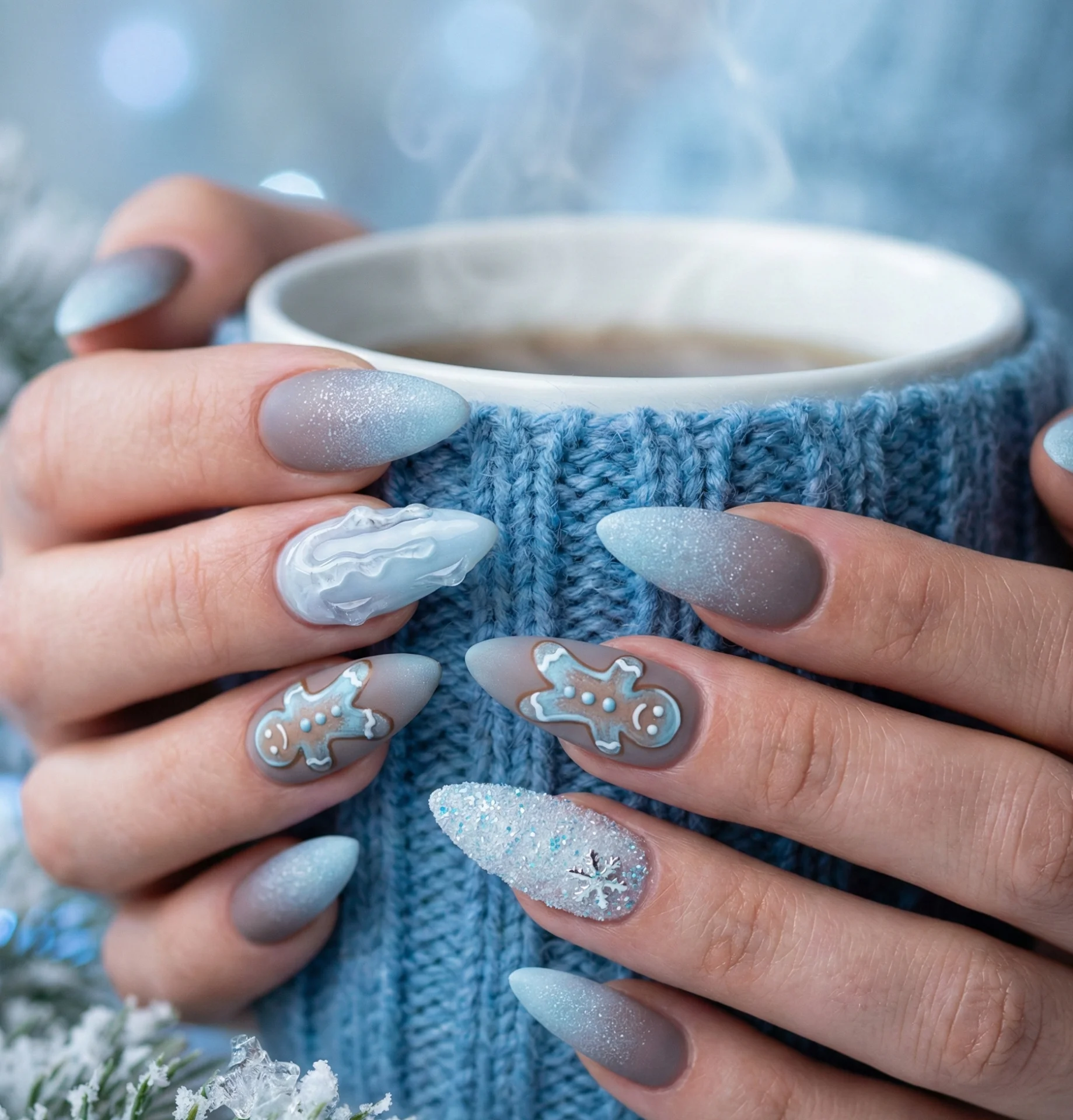 Icy Gingerbread Frost Nail Design