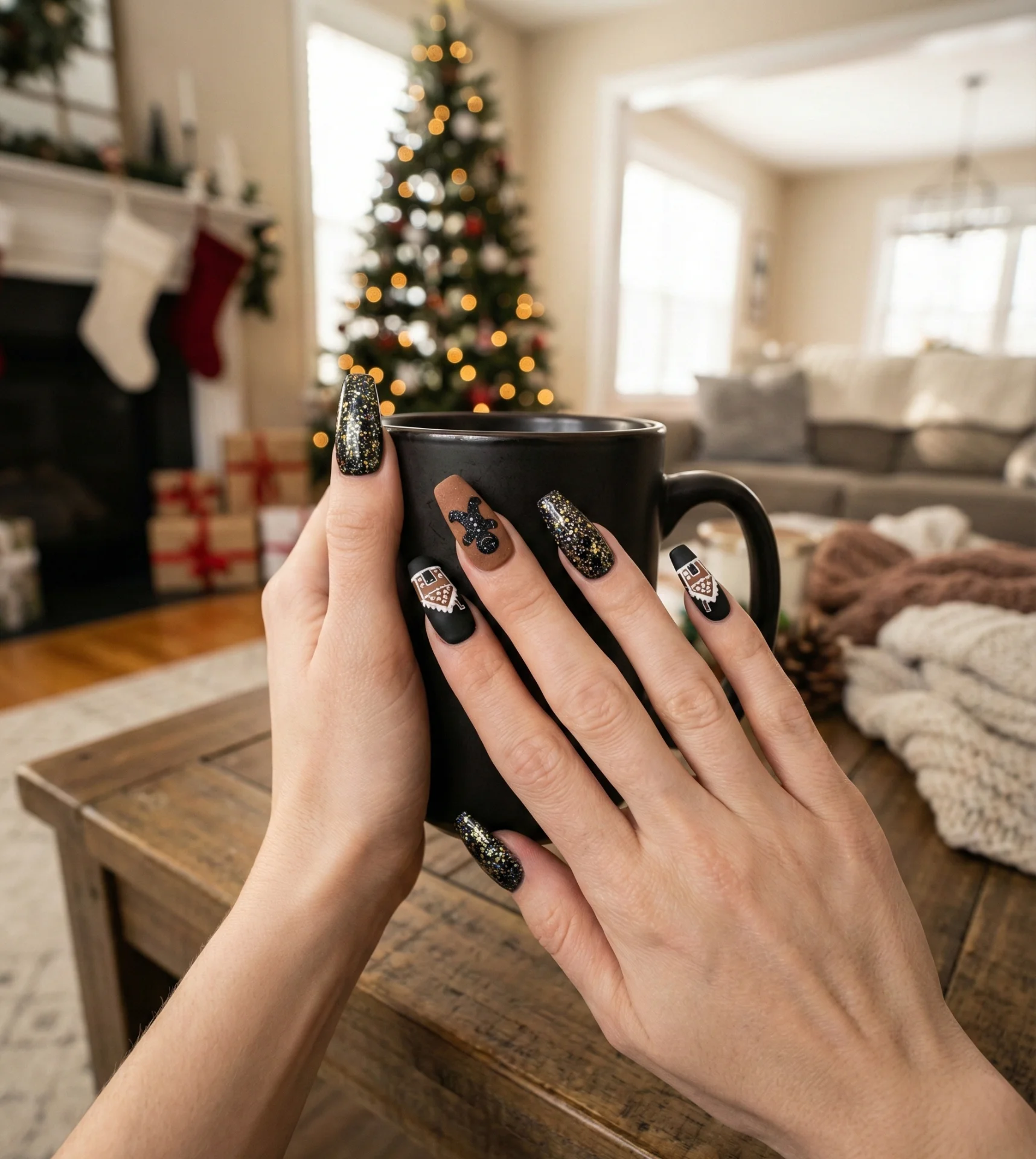 Midnight Gingerbread Sparkle Nail Design