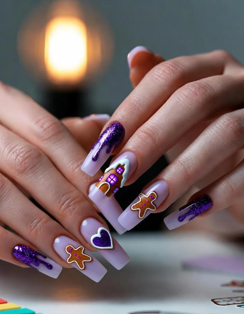 Purple Gingerbread Glitter Nails Designs