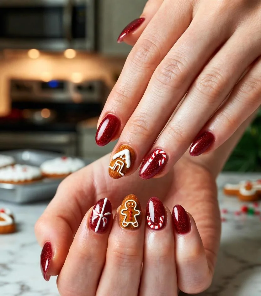 Red Glitter Gingerbread Holiday Nails Designs