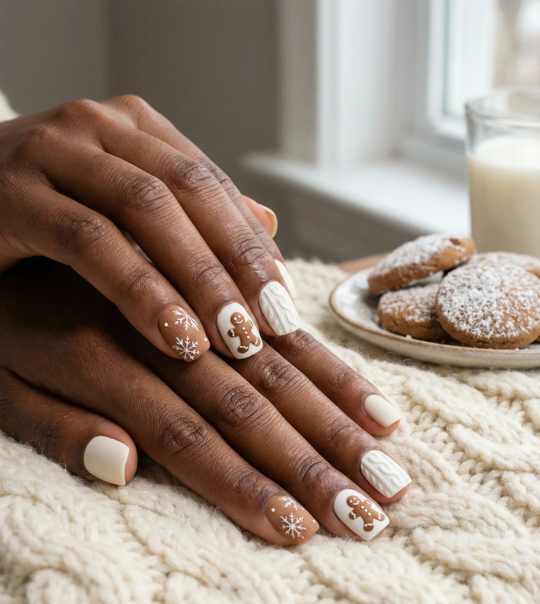 Snowy Gingerbread Shorties Nail Design