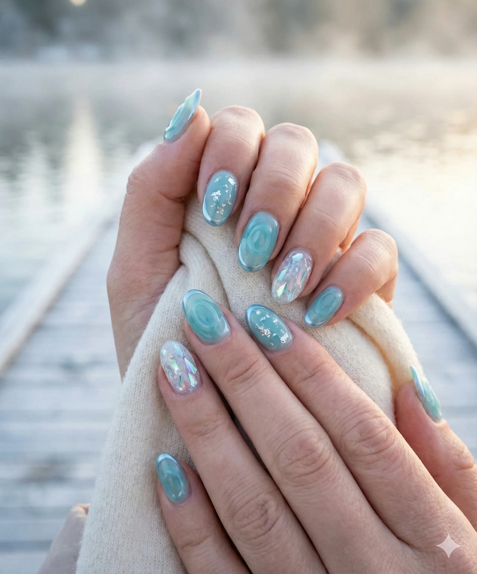 Winter aqua ripple crystal nails designs